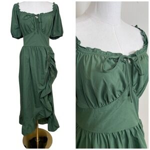 Scarlet Darkness Green  Milkmaid Smocked Midi Dress XL Ruched Renaissance Fairy
